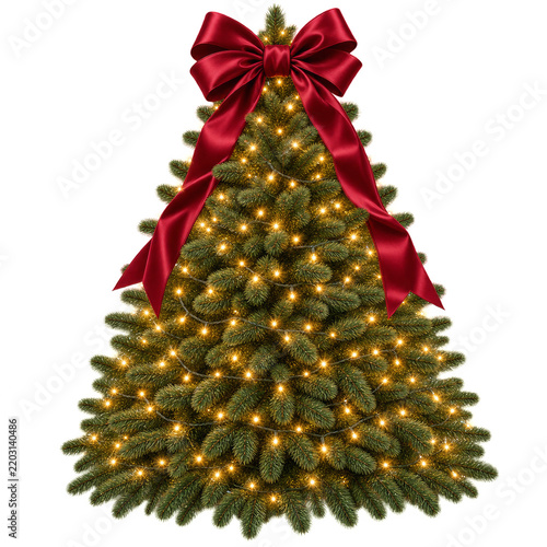 Christmas Tree With Lights and a Red Ribbon Bow