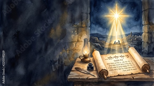 Isaiah scroll predicting nativity and shining Christmas star