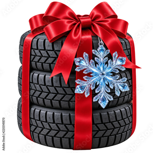 Winter Tires With a Red Bow and Ornament on Top for Holiday Gift Giving