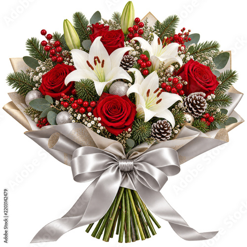 Flowers in a Bouquet With Red Roses and White Lilies for a Celebration