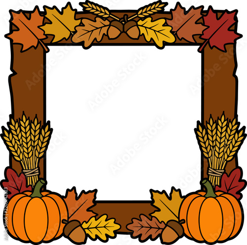Autumn frame decorated with vibrant fall foliage, maple leaves, acorns, wheat stalks, and orange pumpkins