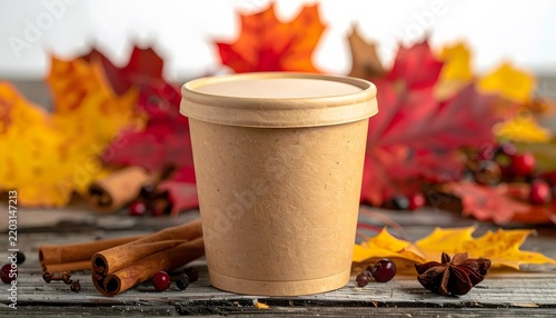 Brown paper coffee cup with autumn leaves and cinnamon sticks.