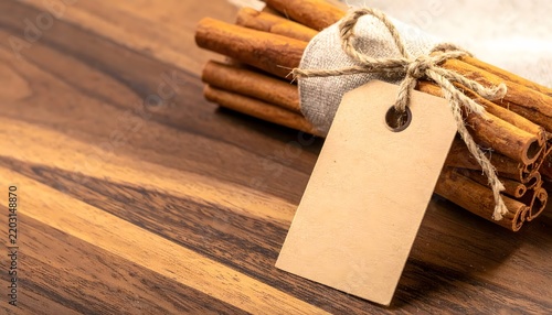 Bundle of aromatic cinnamon sticks with blank paper tag on wooden surface.