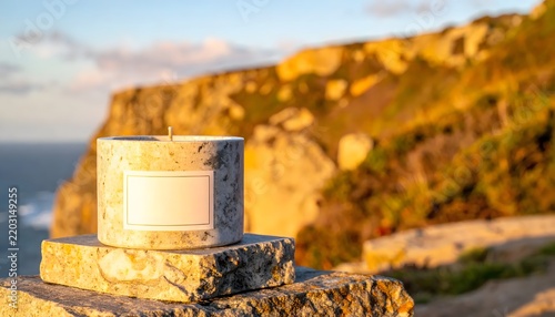 Cosmetic cream jar on a rocky cliff at sunset.