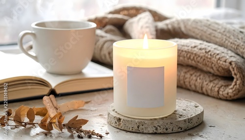 Cozy autumn atmosphere with candle coffee and book.