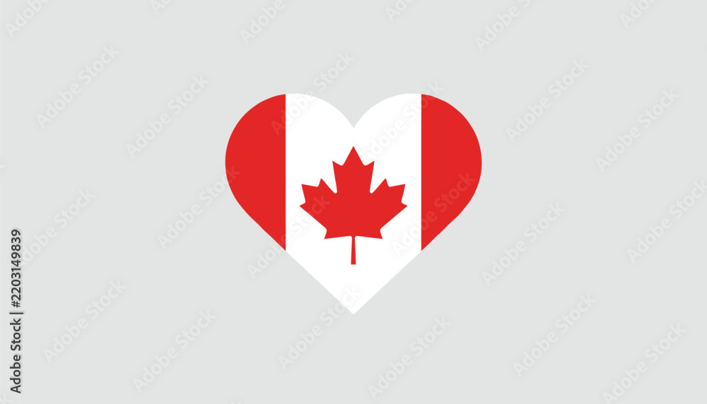 Fototapeta premium A symbolic heart-shaped Canadian flag vector illustration featuring the iconic red maple leaf on a white and red background.