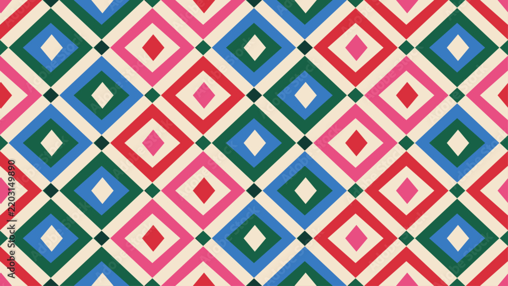 Obraz premium Seamless festive argyle pattern with layered diamond rhombus geometry, bright Christmas palette and modern textile repeat for gift wrap, wallpaper, fabric and holiday decor.