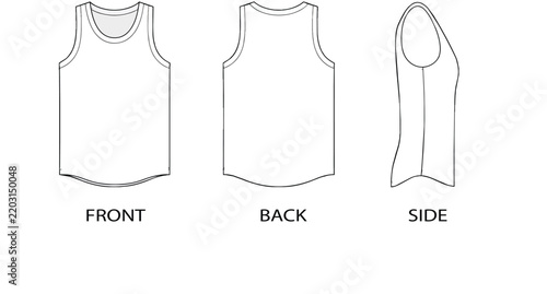 Men's Tank Top Vector Mockup Set Front Back and Side View Technical Flat Sketch Outline