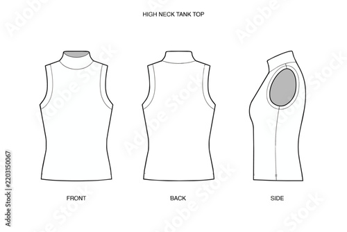 High Neck Tank Top Technical Flat Sketch Vector Template Front Back Side View