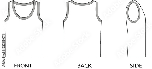 Men's Tank Top Vector Mockup Front Back and Side View Technical Flat Sketch Outline