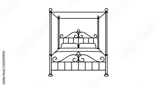 Obraz na plátne Black outline vector icon of a wrought iron canopy bed in front view with scroll