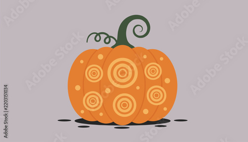 A festive vector illustration of an orange pumpkin decorated with circles and swirls, set against a solid background for autumn holidays.