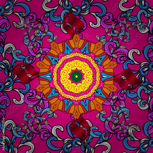 Colorful mandala floral vector seamless background with vibrant ornamental flowers and symmetrical ethnic motifs. Decorative pattern for textile, fabric, wallpaper, wrapping and surface design.