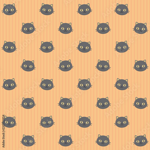 Black Cat Seamless Pattern on Orange Striped Background