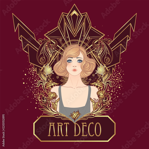 Art Deco design template with elegant flapper girl, geometric shapes, and decorative elements in dusty rose and gold tones. Perfect for invitations, fashion branding, events, or digital decor.