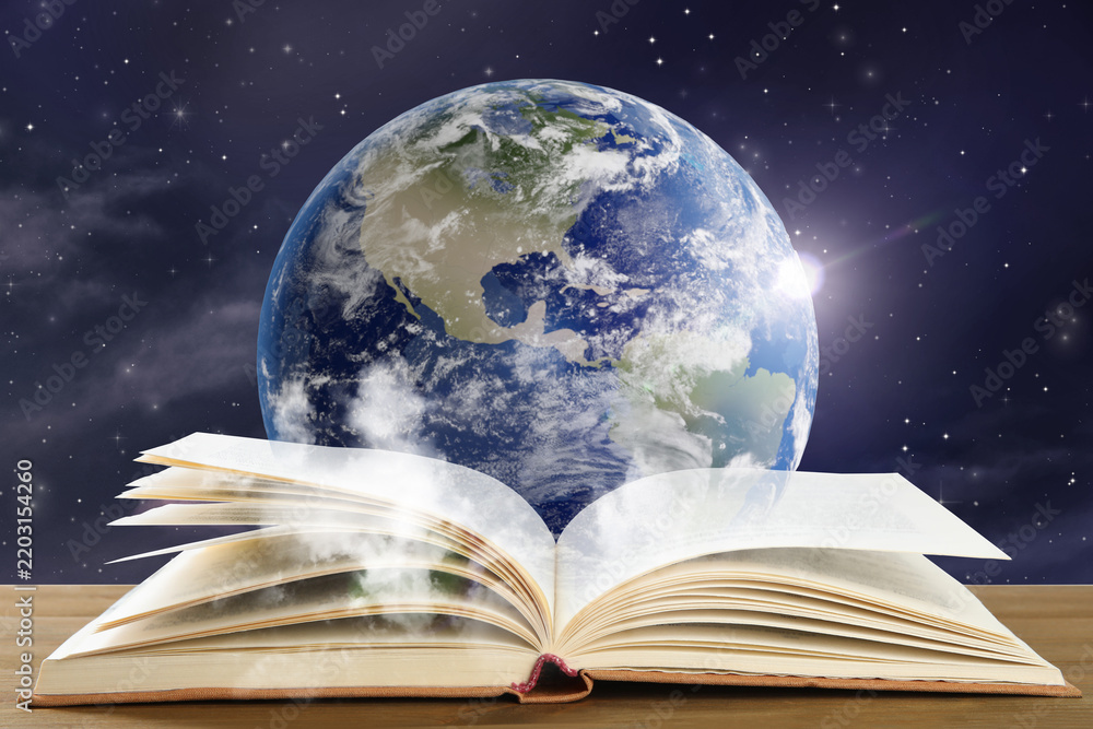 Obraz premium Open book on table against planet in space