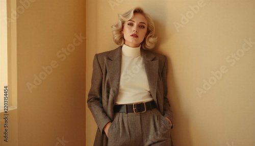 Elegant Woman in Brown Blazer and Turtleneck Fashion Portrait