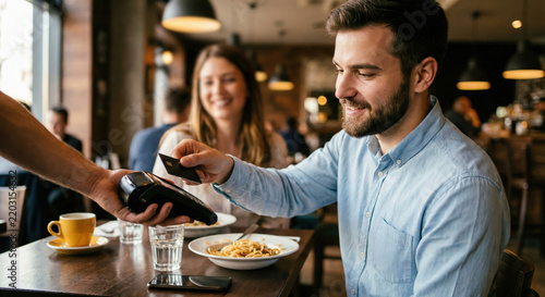 Man paying with a contactless credit card at a restaurant with his partner