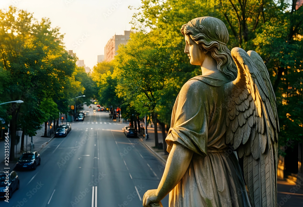 Obraz premium Spirituality and urban peace, stone angel statue overlooking a quiet city street at sunset with golden hour light and calm atmosphere in the metropolis