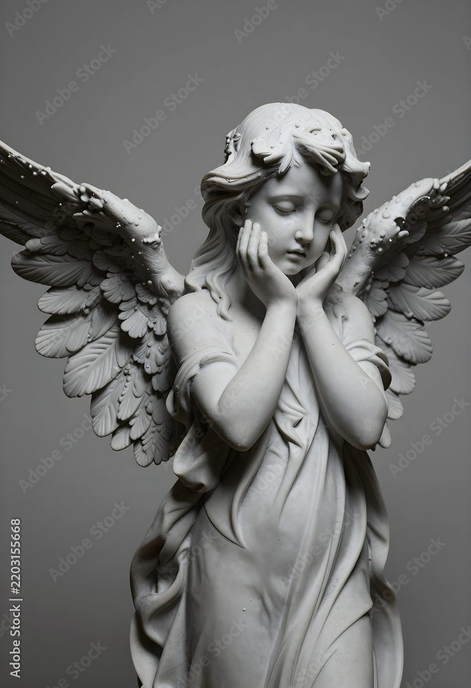 Fototapeta premium Grief and mourning concept, marble angel statue with hands on face in prayer, religious solace and spiritual peace in a cemetery or memorial garden