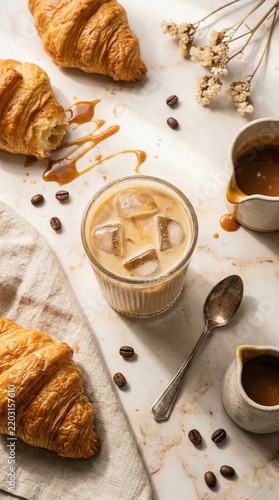 breakfast with croissant and coffee