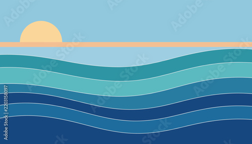 Retro style vector landscape illustration of a calm ocean with layered teal and blue waves under a pastel sky with a low sun.