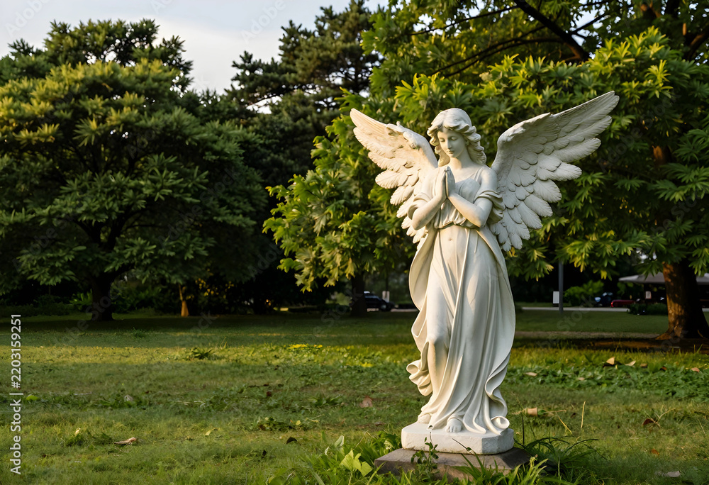 Fototapeta premium Spirituality and peace concept, white stone angel statue with praying hands in a serene park garden setting during golden hour sunlight for memorial