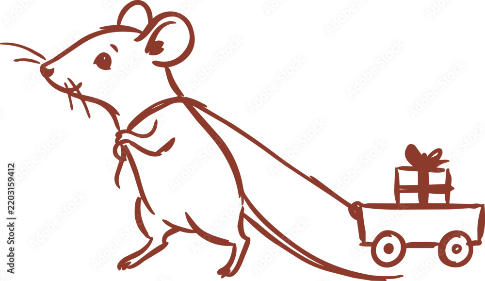 Obraz premium Hand drawn mouse pulling a gift wagon