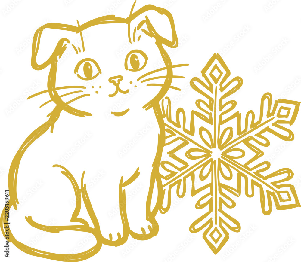 Fototapeta premium Naive hand drawn cat with snowflake winter illustration