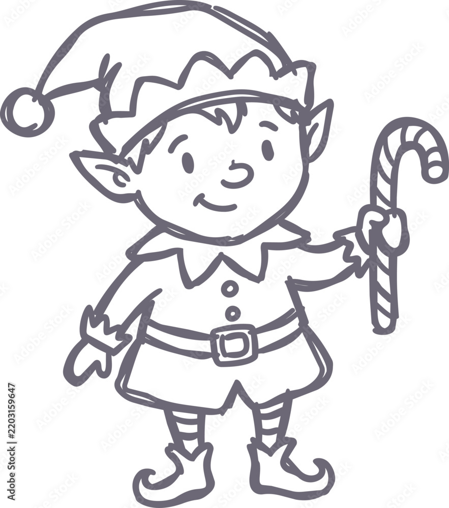 Obraz premium Christmas elf holding a candy cane coloring page