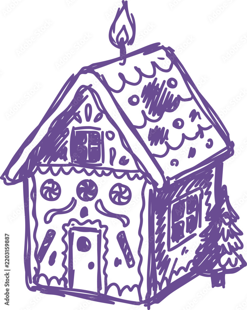 Obraz premium Naive purple gingerbread house christmas illustration