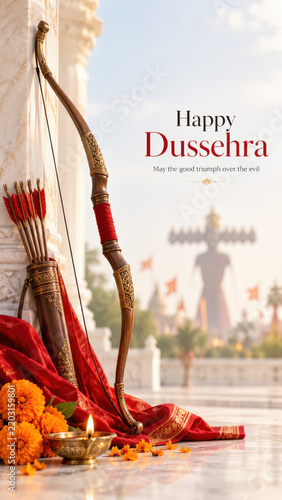 Vijayadashami worship shown through ornate bow arrows marigold flowers diya lamp in bright temple courtyard altar for dussehra under peaceful devotional ambience