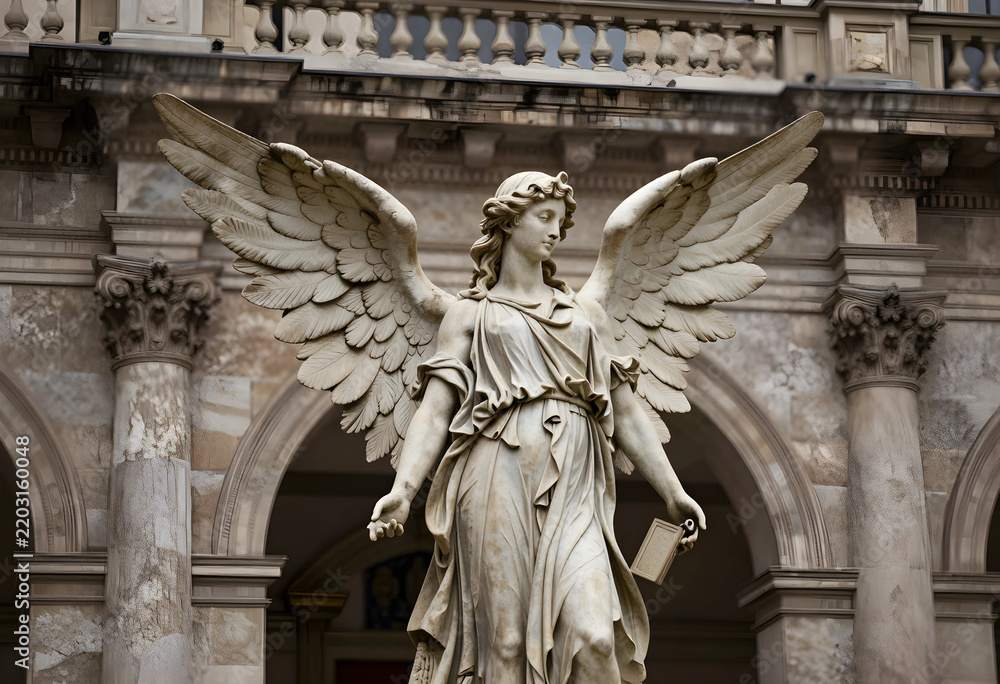 Fototapeta premium Spirituality and religion concept, marble angel statue with wings spread in front of historic classical architecture building for cultural heritage design