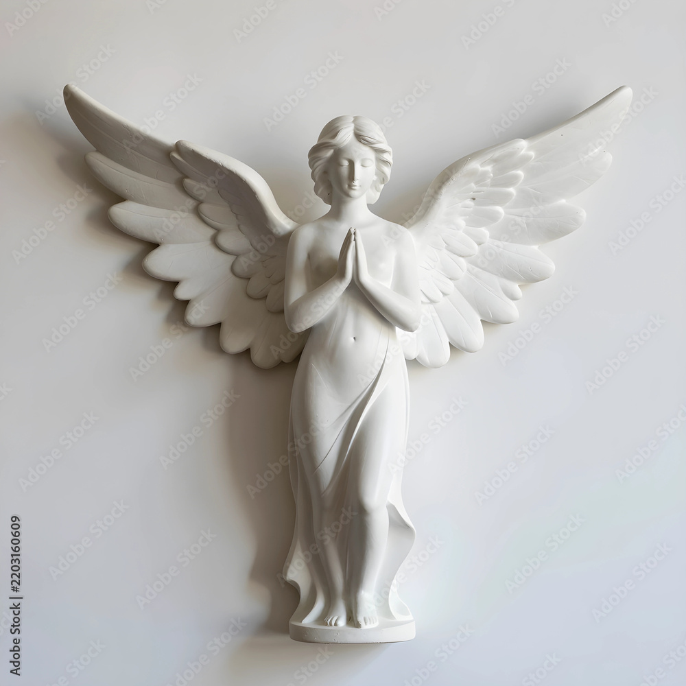 Fototapeta premium Spirituality and peace white angel statue with praying hands and wings spread for religious faith hope and divine protection in a minimalist style