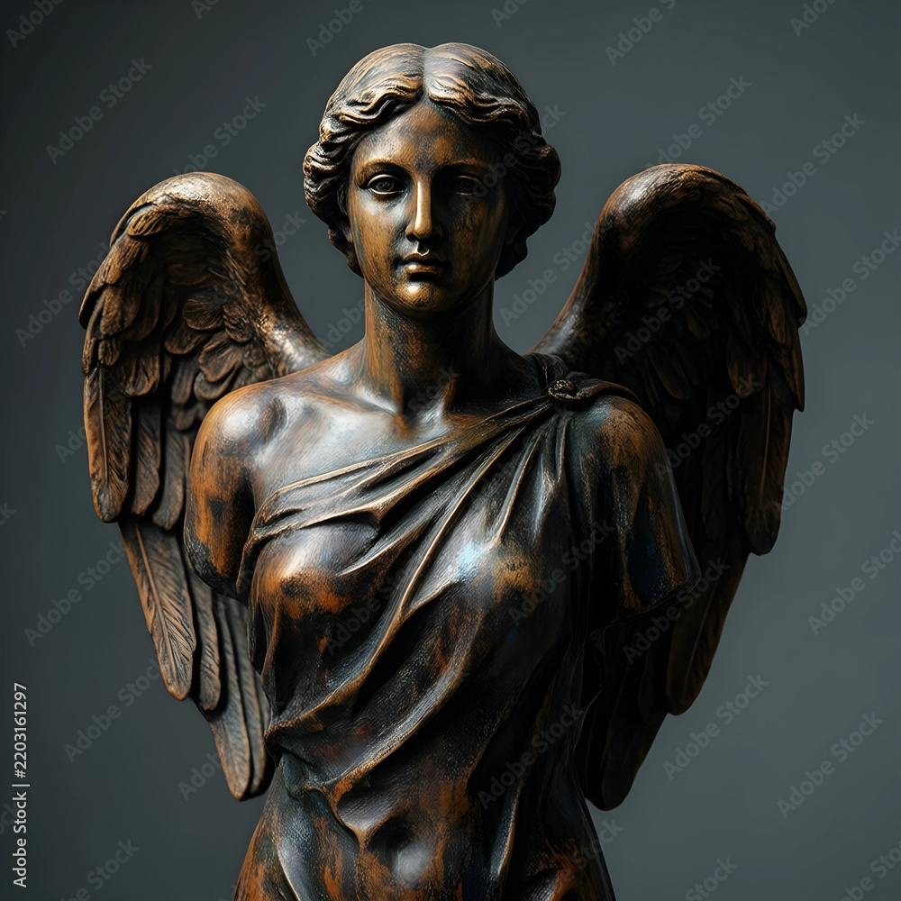 Fototapeta premium Spirituality and divine grace bronze angel statue with wings in classical art style for religious memorial and philosophical design concepts