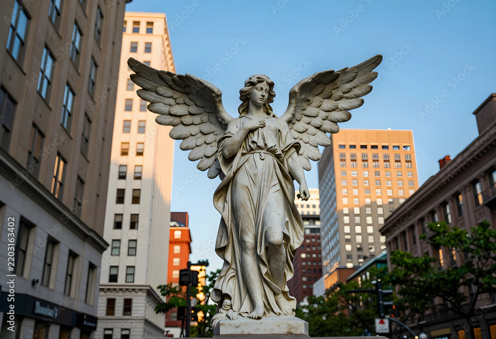 Fototapeta premium Spirituality and urban peace, stone angel statue with wings spread standing in the center of a modern city street during golden hour sunset light