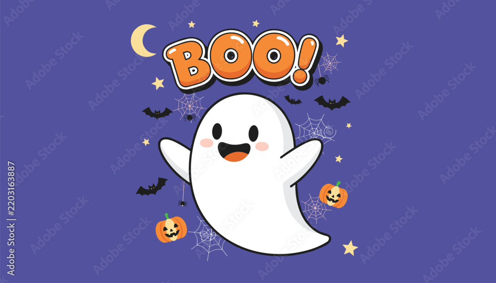 Obraz premium A cute Halloween illustration featuring a friendly white ghost, cute little pumpkins, bats, spider webs, and a cheerful BOO sign.