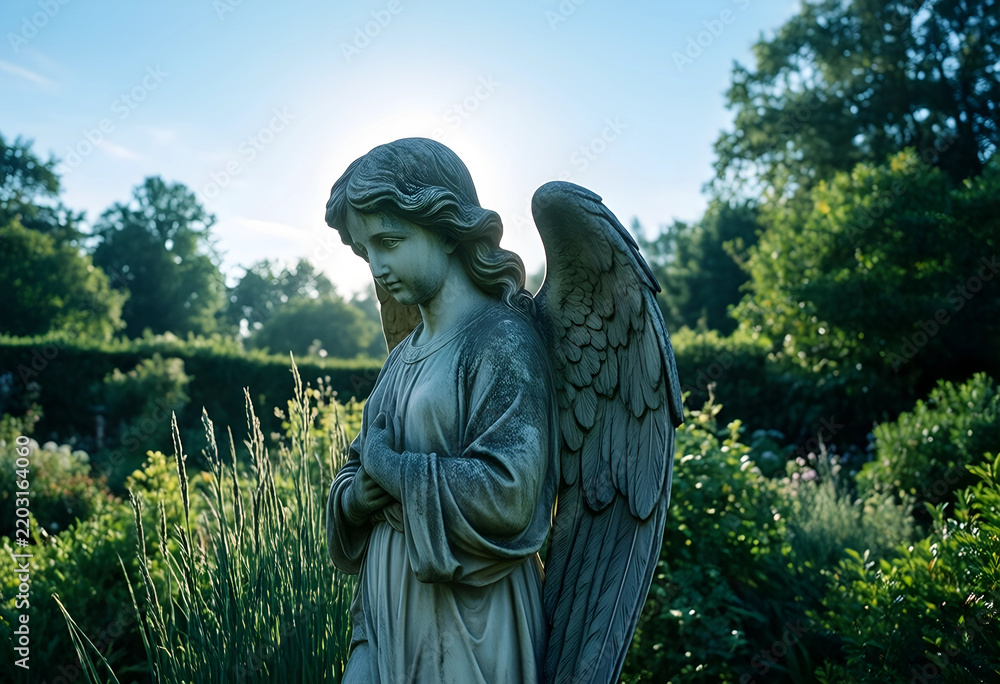 Fototapeta premium Grief and mourning concept, stone angel statue in a peaceful garden setting with soft sunlight for funeral services and memorial remembrance themes
