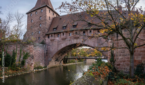 Panoramic view of the  old town architecture  in Nuremberg with river Pegnitz and Kettensteg, Bavaria, Germany.