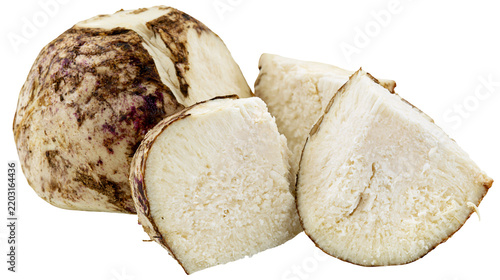 Isolated taro root with cut pieces showing starchy texture, ready for cooking and healthy eating