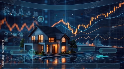 Futuristic digital real estate market graph featuring illuminated modern house model with financial charts