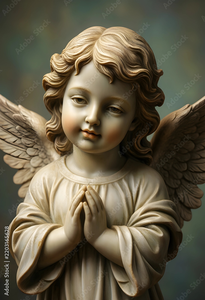 Fototapeta premium Spirituality and faith concept cherub angel statue with praying hands for religious peace hope and divine protection in a classic marble sculpture