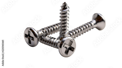 Isolated group of shiny metal self-tapping screws with Phillips heads, close-up, industrial hardware.