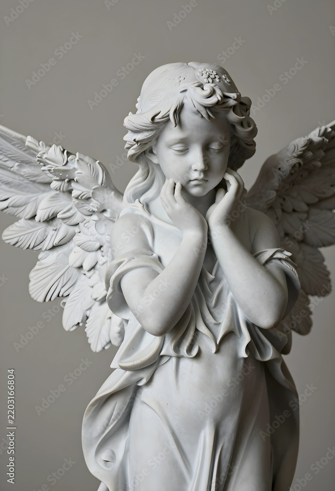 Fototapeta premium Grief and mourning concept, marble angel statue with hands on face in prayer, religious sculpture for funeral service and memorial remembrance