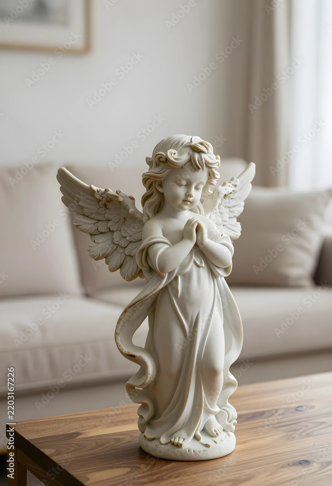 Obraz premium Spirituality and peace, small angel statue with praying hands for home decor and religious meditation in a bright living room interior setting