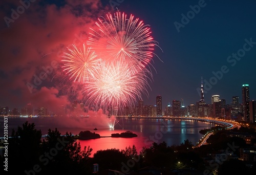 Spectacular Fireworks Display Over Urban Skyline Dramatic Midnight Explosive Colors Bright Ignition Show