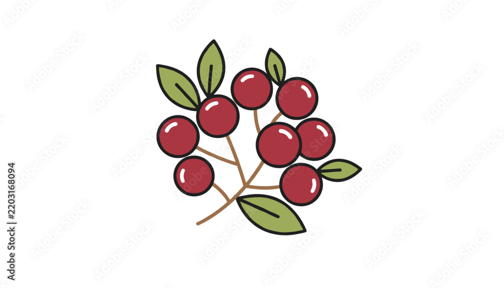 Obraz premium Charming hand drawn vector illustration of a fruitful red berry branch adorned with cute green leaves on a clean white background.