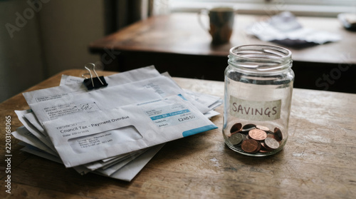 Savings Jar with Coins Beside Unpaid Bills and Financial Documents on Wooden Table