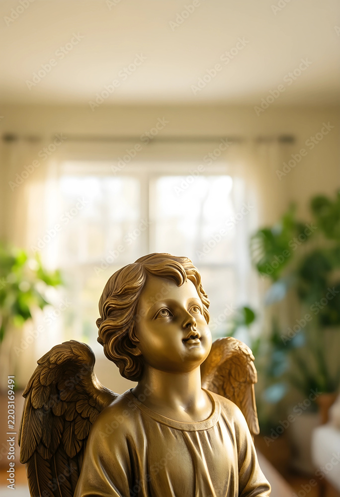 Fototapeta premium Spirituality and hope, golden angel statue looking upward in a peaceful home interior with soft natural window light and blurred green house plants