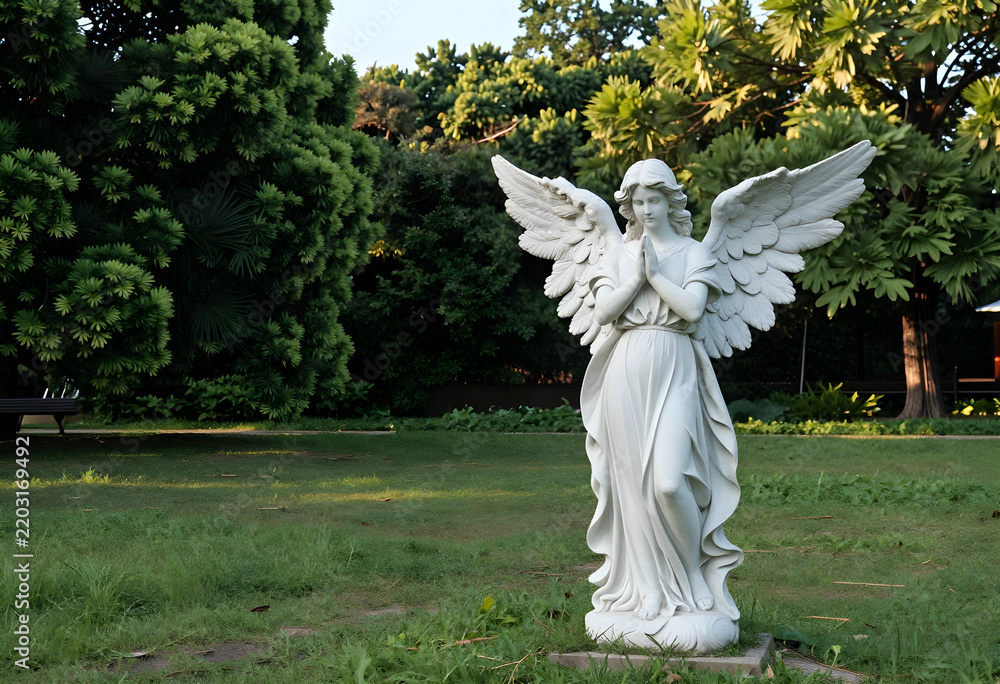 Fototapeta premium Spirituality and peace white angel statue with praying hands in a serene garden setting for memorial funeral and religious reflection concepts
